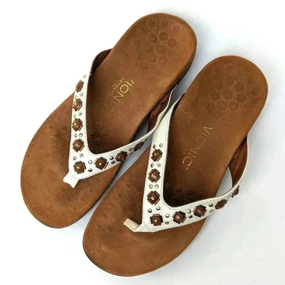 Vionic Floriana Geometric Stone Beaded Flip Flop Sandals - 6 - Picture 1 of 11